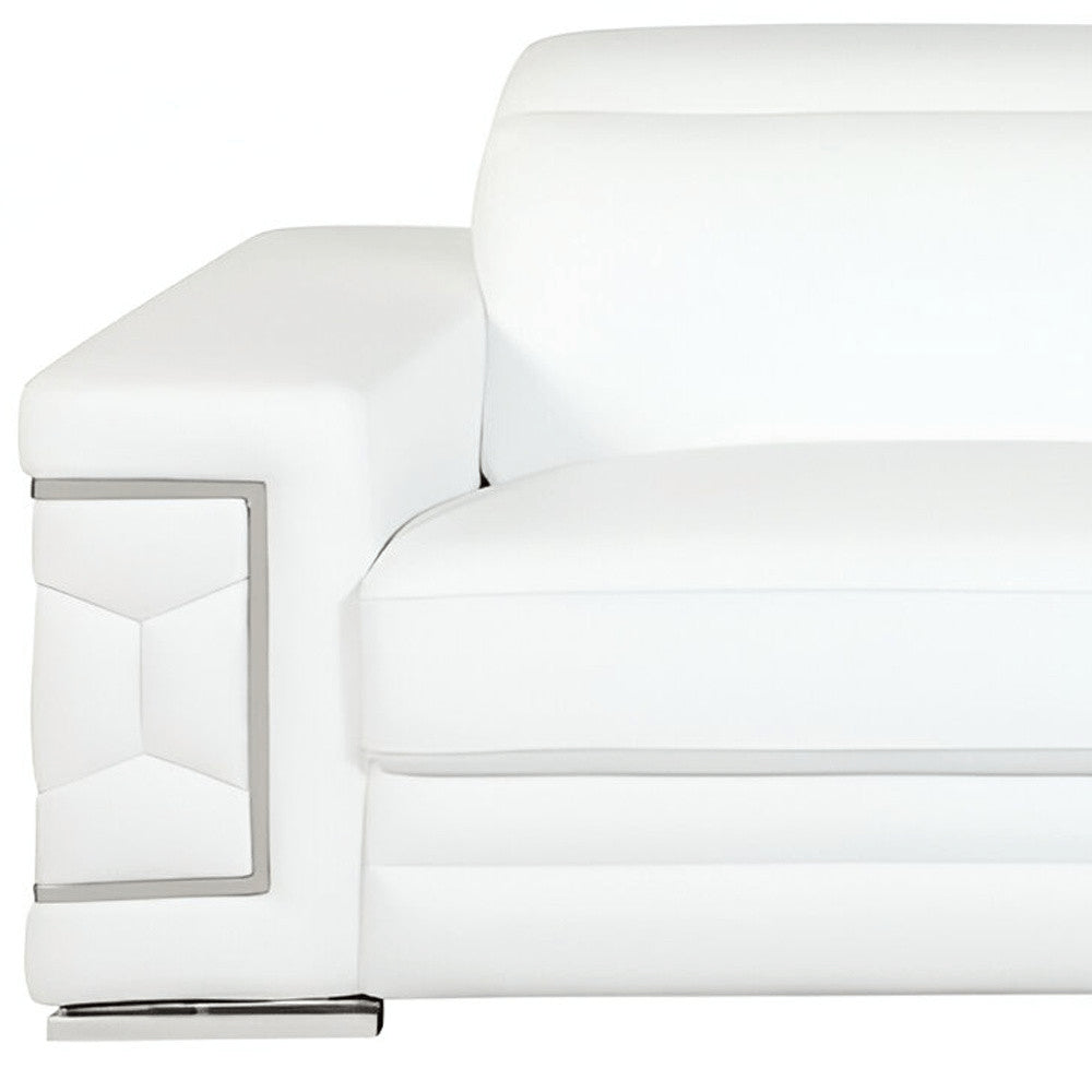 89" White Italian Leather Sofa With Silver Legs
