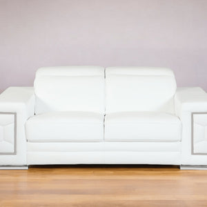 71" White Italian Leather Sofa With Silver Legs
