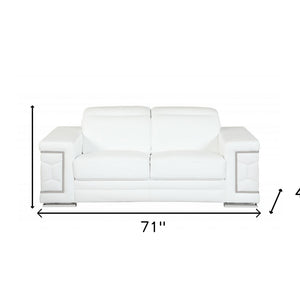 71" White Italian Leather Sofa With Silver Legs