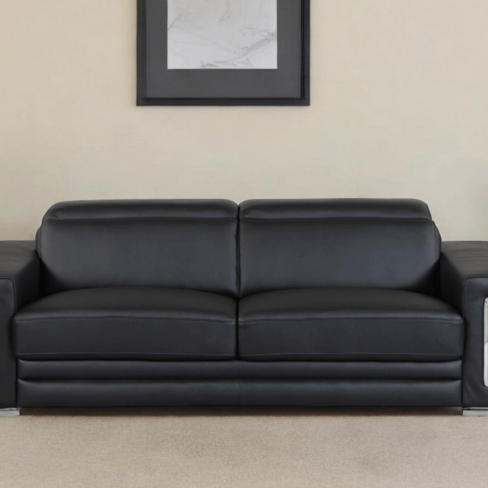 89" Black Italian Leather Sofa With Silver Legs