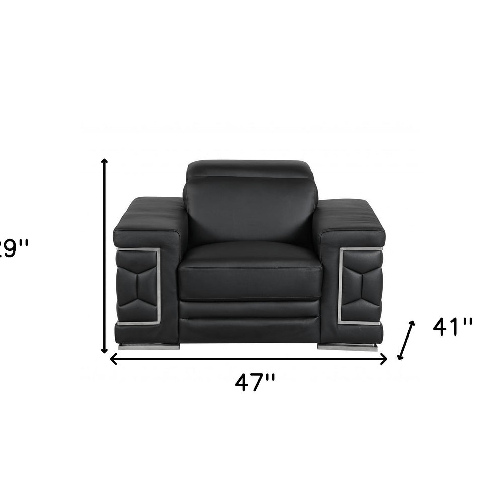 47" Black And Silver Genuine Leather Arm Chair