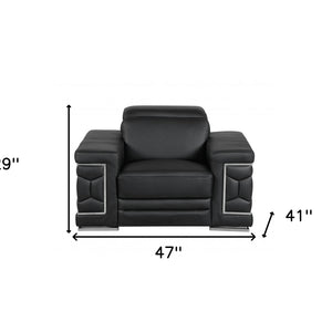 47" Black And Silver Genuine Leather Arm Chair