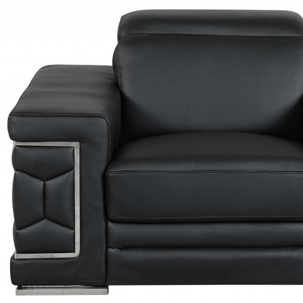 47" Black And Silver Genuine Leather Arm Chair
