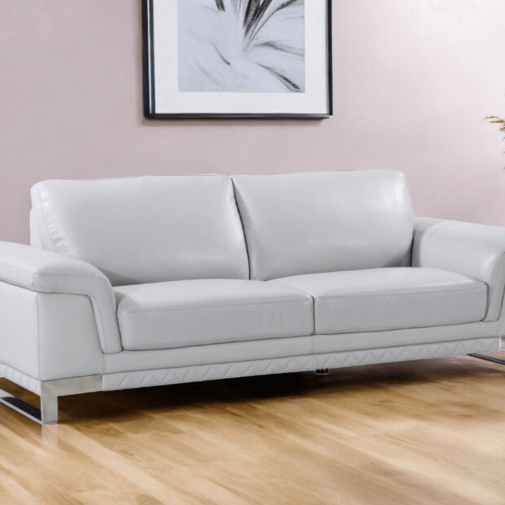 90" Light Gray Italian Leather Sofa With Silver Legs