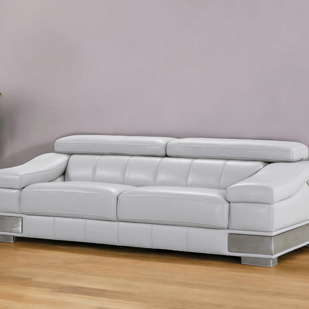 92" Light Gray Italian Leather Sofa With Silver Legs