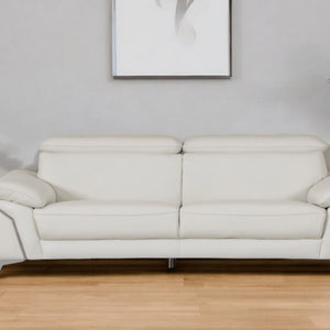 87" White Italian Leather Sofa With Silver Legs