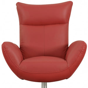 37" Red And Silver Genuine Leather Swivel Lounge Chair