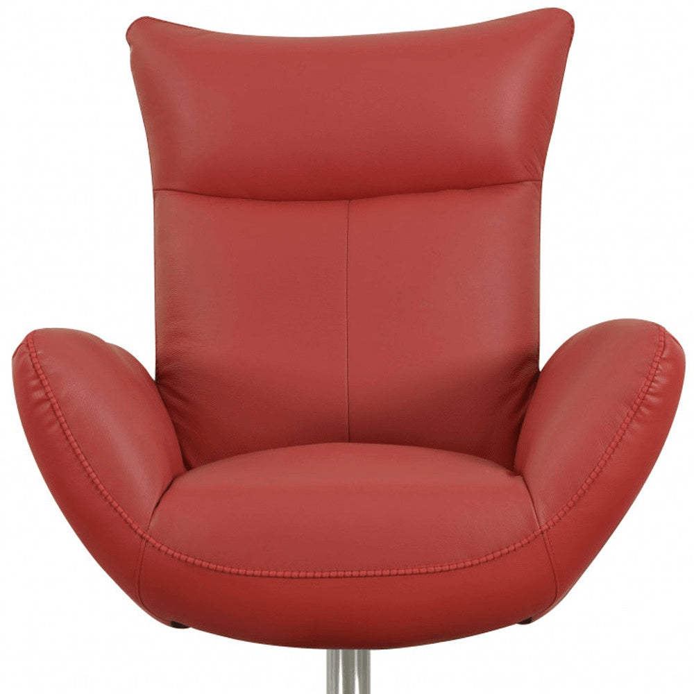 37" Red And Silver Genuine Leather Swivel Lounge Chair
