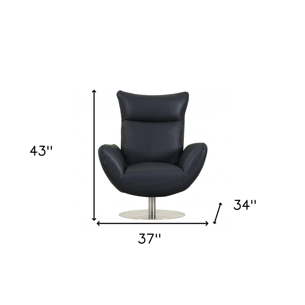 37" Blue And Silver Genuine Leather Lounge Chair