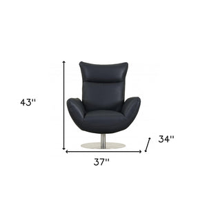 37" Blue And Silver Genuine Leather Lounge Chair