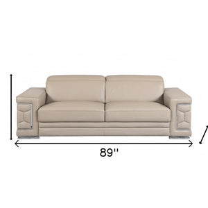 89" Beige Italian Leather Sofa With Silver Legs