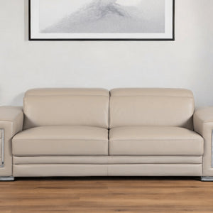 89" Beige Italian Leather Sofa With Silver Legs