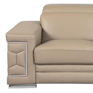 71" Beige And Silver Genuine Leather Love Seat