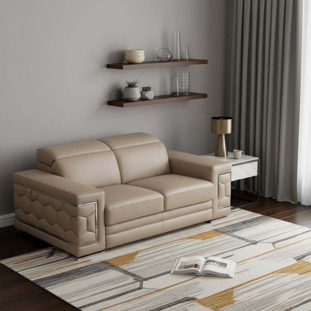 71" Beige And Silver Genuine Leather Love Seat