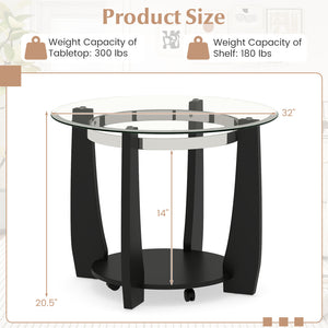 32" 2-Tier Glass Round Coffee Table with Storage Shelf-Black