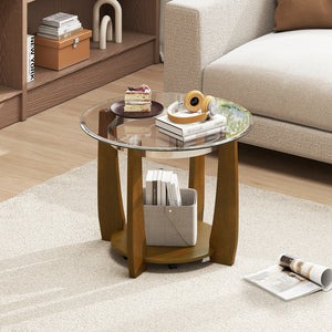 32" 2-Tier Glass Round Coffee Table with Storage Shelf-Walnut