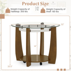 32" 2-Tier Glass Round Coffee Table with Storage Shelf-Walnut