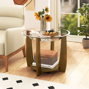 32" 2-Tier Glass Round Coffee Table with Storage Shelf-Walnut