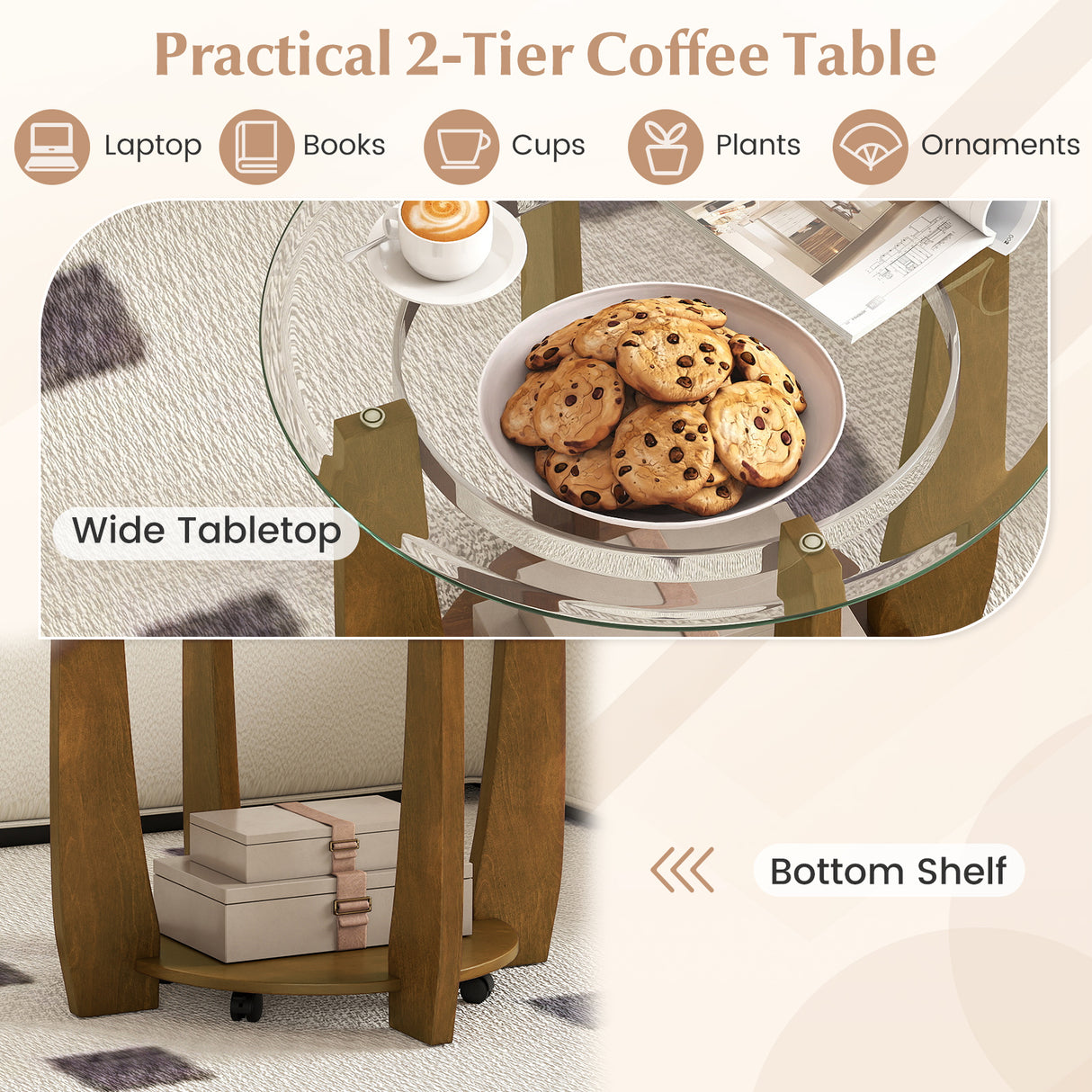32" 2-Tier Glass Round Coffee Table with Storage Shelf-Walnut