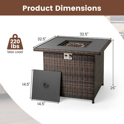 32.5 Inch Propane Fire Pit Table 5000 BTU with Tempered Glass Tabletop-Brown