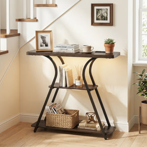 32 Inch Narrow Long Entryway Table with Power Outlets and LED Lights-Brown