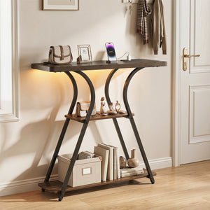 32 Inch Narrow Long Entryway Table with Power Outlets and LED Lights-Brown