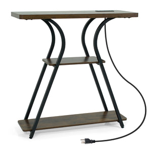 32 Inch Narrow Long Entryway Table with Power Outlets and LED Lights-Brown