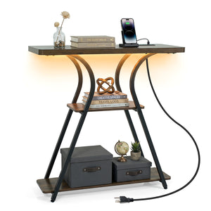 32 Inch Narrow Long Entryway Table with Power Outlets and LED Lights-Brown