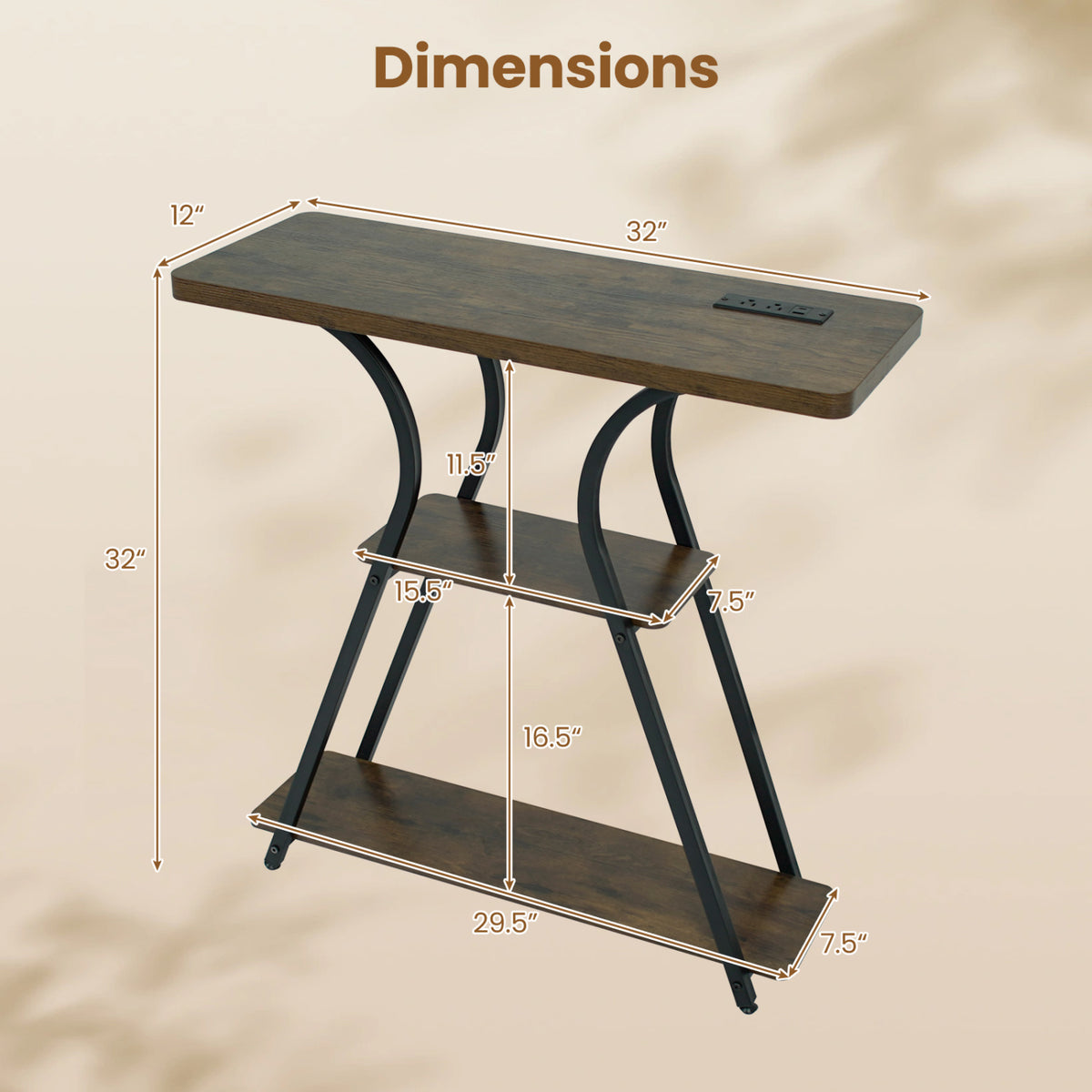 32 Inch Narrow Long Entryway Table with Power Outlets and LED Lights-Brown