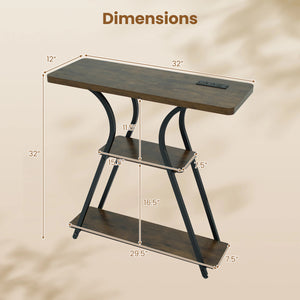 32 Inch Narrow Long Entryway Table with Power Outlets and LED Lights-Brown