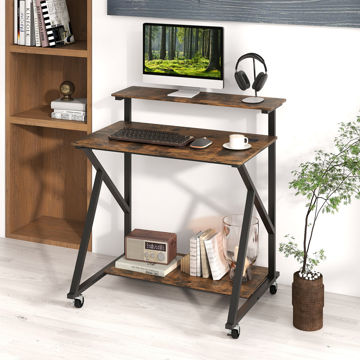 32 Inch Rolling Computer Desk for Small Spaces with Power Outlets-Rustic Brown