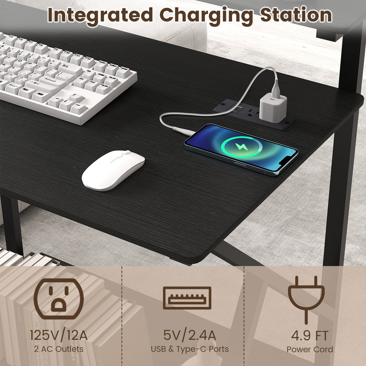 32 Inch Rolling Computer Desk for Small Spaces with Power Outlets-Black