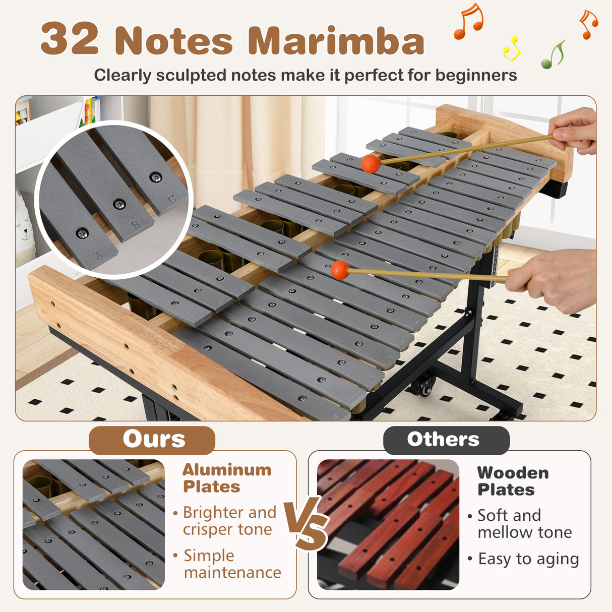 32 Note Marimba Aluminum Xylophone with Rubber Wood Base-Golden