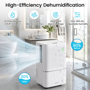 32 Pint Dehumidifier for Home with Drain Hose & Intelligent Control 2500 Sq.Ft-White