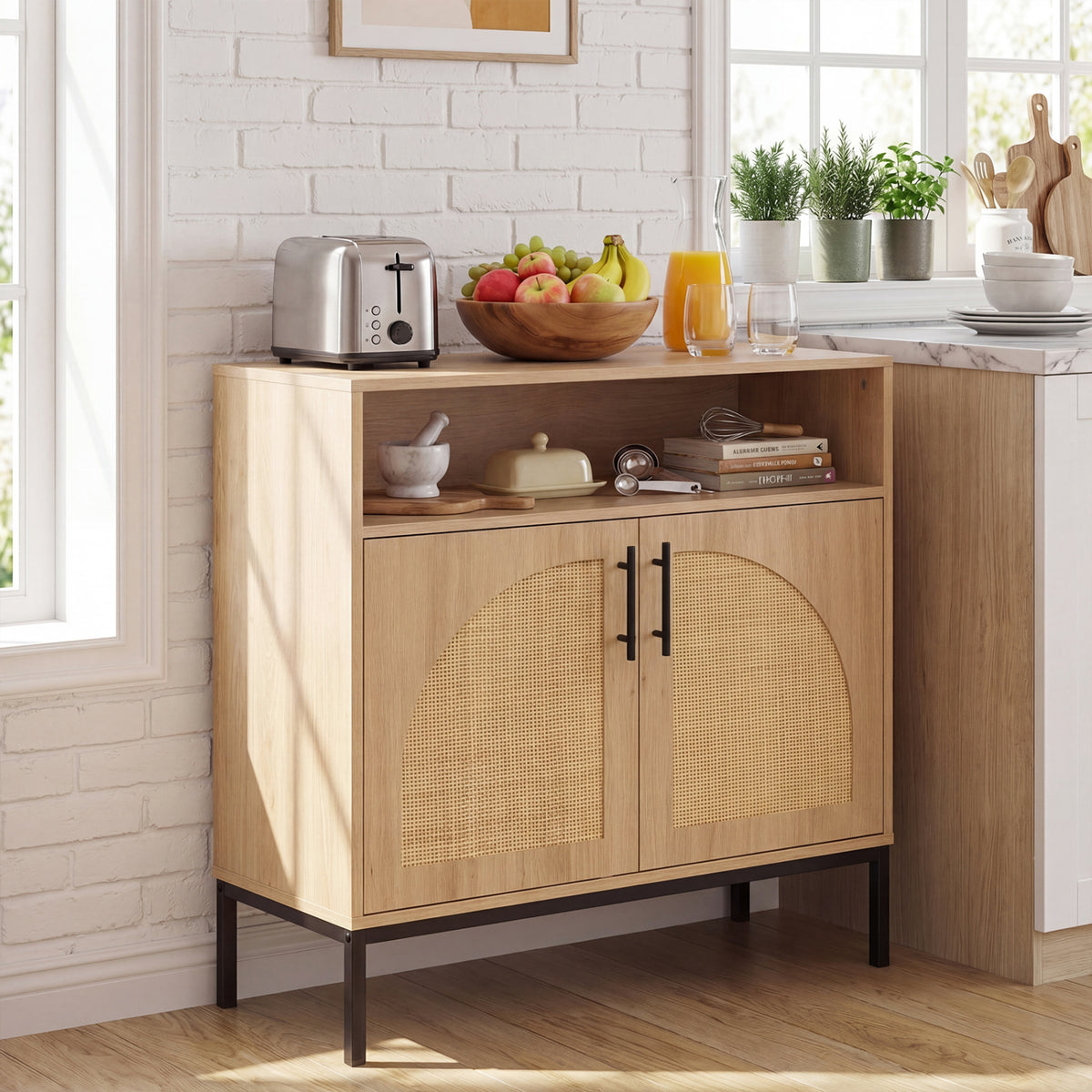 32" Sideboard Buffet Cabinet with 2 Natural Rattan Decorated Doors and Adjustable Shelf-Natural