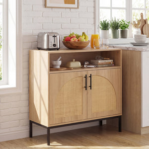 32" Sideboard Buffet Cabinet with 2 Natural Rattan Decorated Doors and Adjustable Shelf-Natural