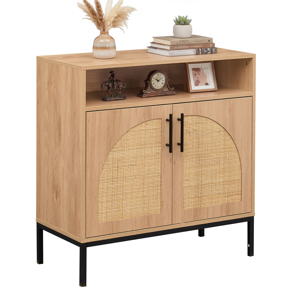 32" Sideboard Buffet Cabinet with 2 Natural Rattan Decorated Doors and Adjustable Shelf-Natural