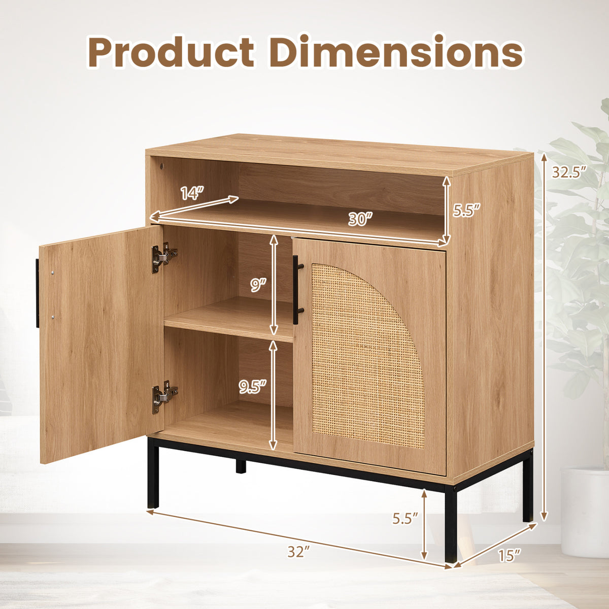 32" Sideboard Buffet Cabinet with 2 Natural Rattan Decorated Doors and Adjustable Shelf-Natural