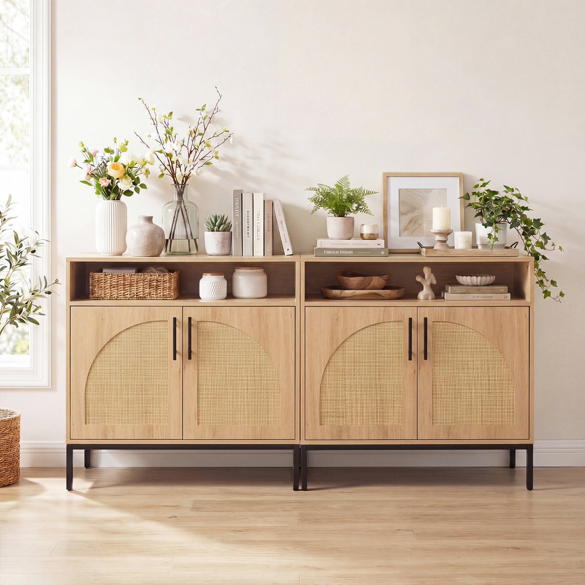 32" Sideboard Buffet Cabinet with 2 Natural Rattan Decorated Doors and Adjustable Shelf-Natural