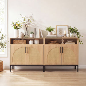 32" Sideboard Buffet Cabinet with 2 Natural Rattan Decorated Doors and Adjustable Shelf-Natural