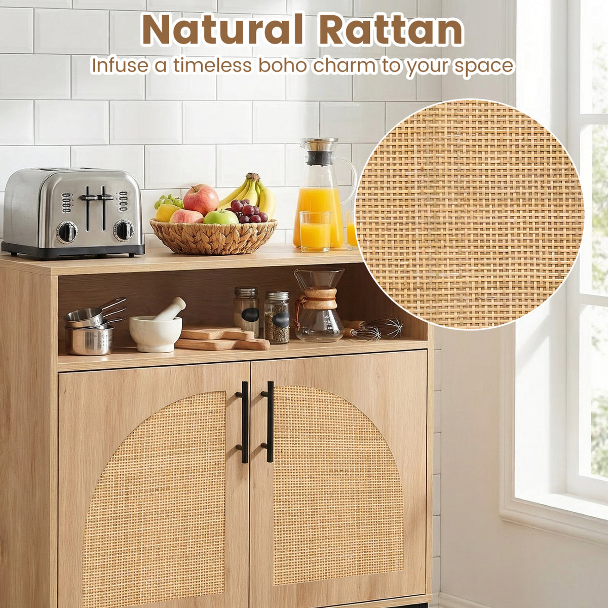 32" Sideboard Buffet Cabinet with 2 Natural Rattan Decorated Doors and Adjustable Shelf-Natural