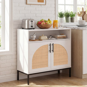 32" Sideboard Buffet Cabinet with 2 Natural Rattan Decorated Doors and Adjustable Shelf-White