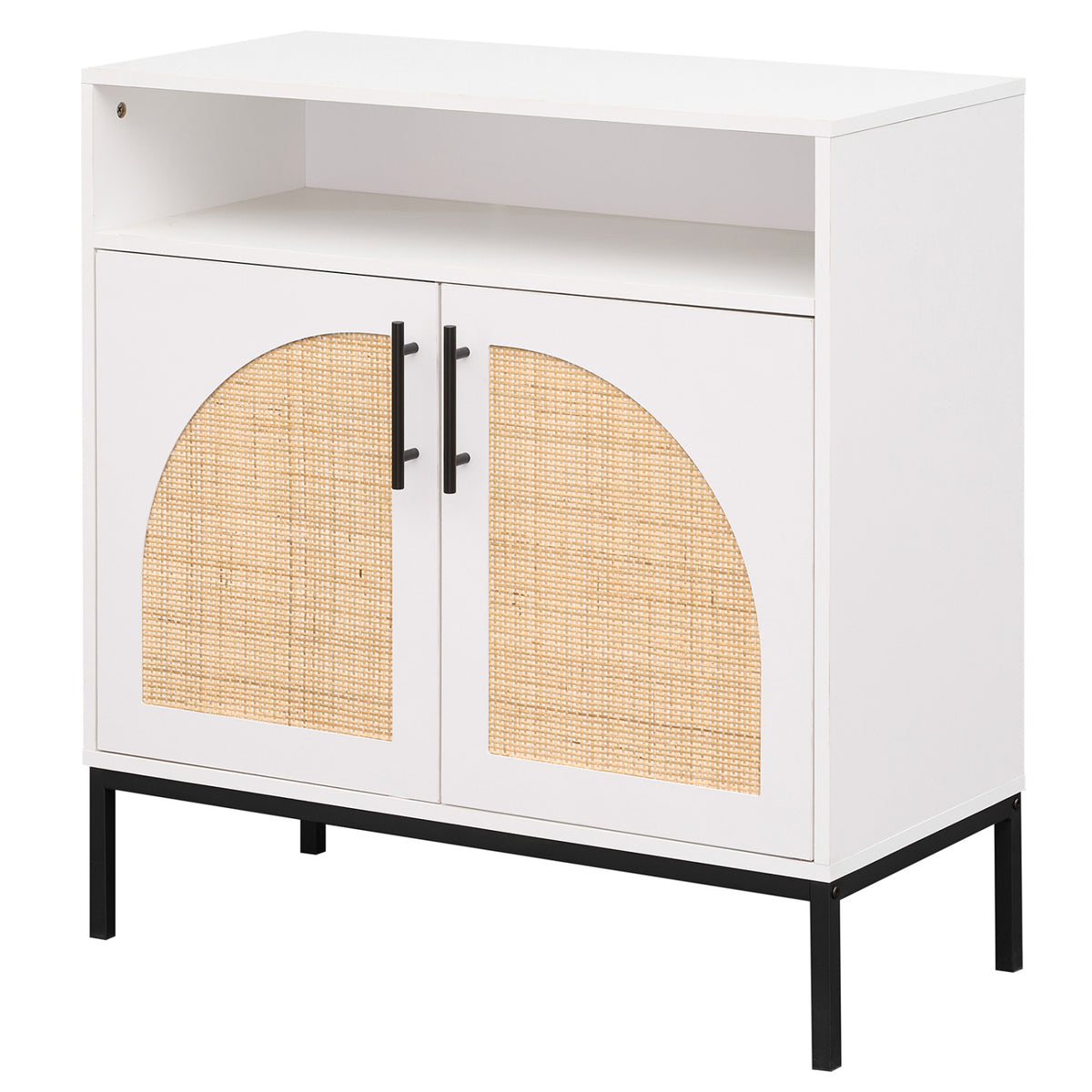 32" Sideboard Buffet Cabinet with 2 Natural Rattan Decorated Doors and Adjustable Shelf-White