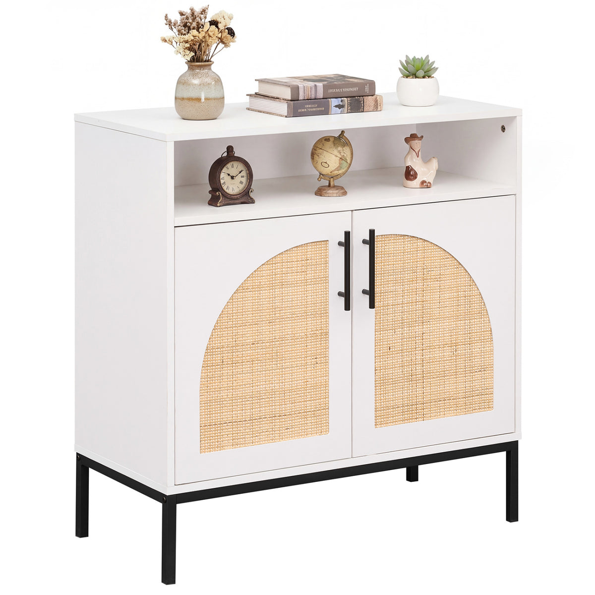 32" Sideboard Buffet Cabinet with 2 Natural Rattan Decorated Doors and Adjustable Shelf-White