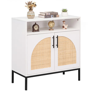 32" Sideboard Buffet Cabinet with 2 Natural Rattan Decorated Doors and Adjustable Shelf-White