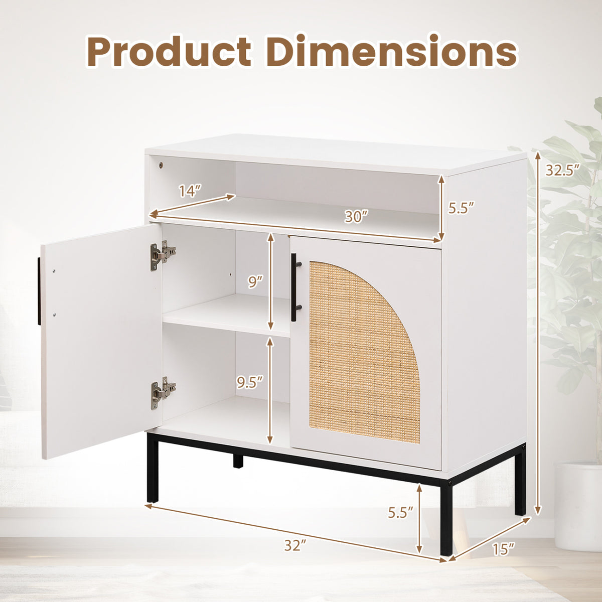 32" Sideboard Buffet Cabinet with 2 Natural Rattan Decorated Doors and Adjustable Shelf-White