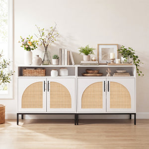 32" Sideboard Buffet Cabinet with 2 Natural Rattan Decorated Doors and Adjustable Shelf-White