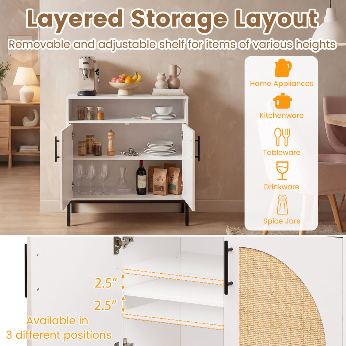 32" Sideboard Buffet Cabinet with 2 Natural Rattan Decorated Doors and Adjustable Shelf-White