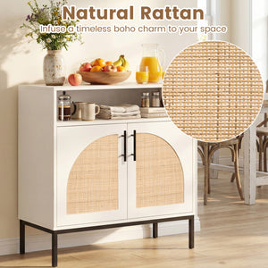 32" Sideboard Buffet Cabinet with 2 Natural Rattan Decorated Doors and Adjustable Shelf-White