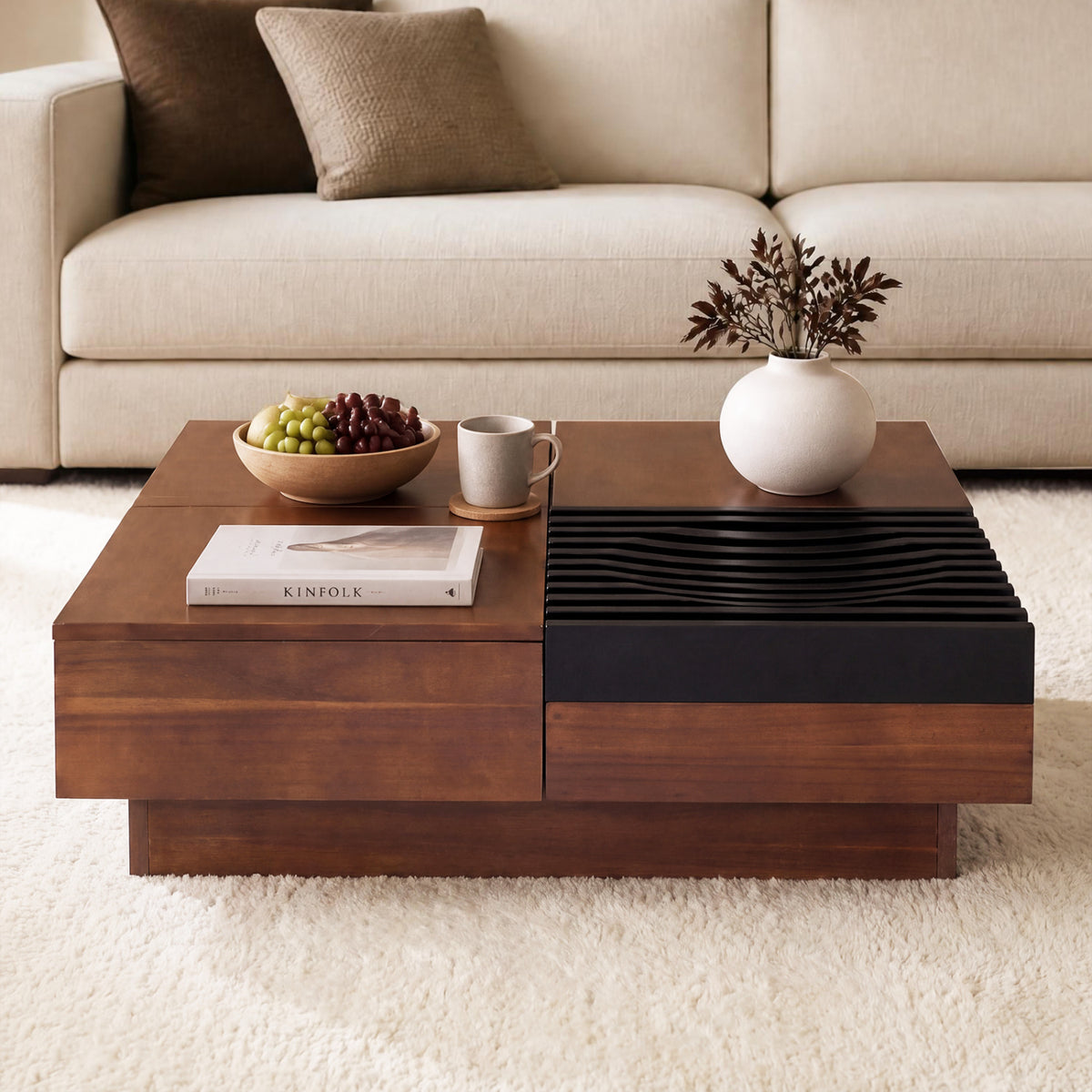 32" Square Color-blocking Design Coffee Table with Storage Tray for Living Room-Walnut